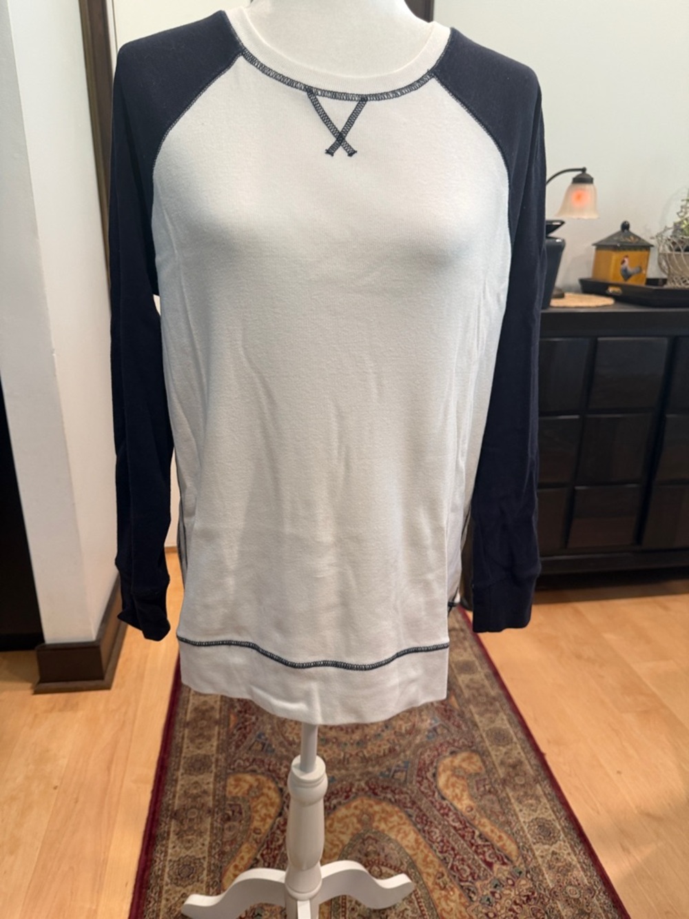 Eddie Bauer White and Navy Raglan Crewneck Sweatshirt